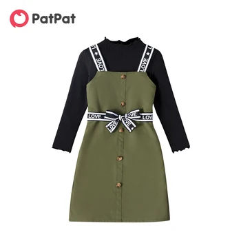 PatPat 2pcs הילד שמלת ילדה ללעוג הצוואר חסה חתוך, עם שרוולים ארוכים שחורים טי מכתב הדפסה ירוקה הכוללת שמלות סטים
