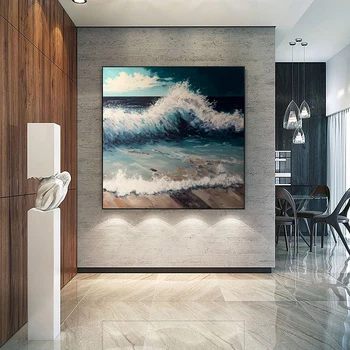 עבודת יד ציור שמן גדול אוקיינוס כחול ציור שמן על בד אמנות קיר מופשט לבן גל ציור בוהו הקיר בסלון עיצוב