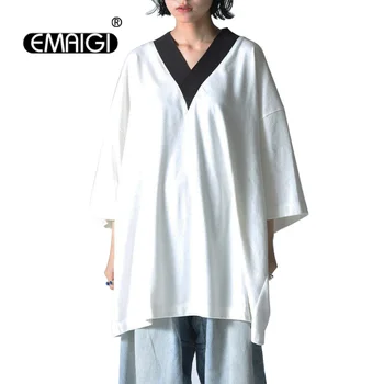 אופנה יפנית V-צוואר חולצת הטריקו עבור גברים, נשים, אופנת רחוב משוחרר יומיומי שרוול קצר Oversize שחור לבן חולצות טי זוג חולצת טי