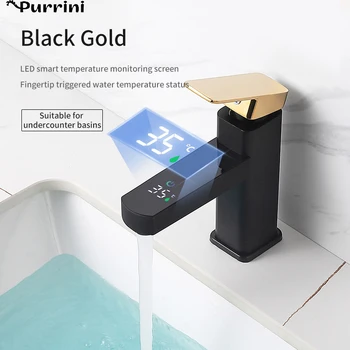 דיגיטלי אגן ברז כפתור מגע חם מים קרים טמפרטורה LED זהב שחור כיור אמבטיה חכם מיקסר שסתום הקש על אביזרים
