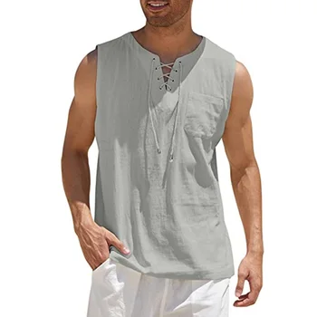 גברים חולצות ללא שרוולים מוצק צבע תחרה V-צוואר חולצות כותנה פשתן מזדמן חופשי גופיות קיץ זכר סוודר אופנה