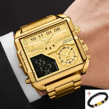 BOAMIGO ספורט כיכר דיגיטלי אנלוגי גדול קוורץ שעונים חדשים העליון מותג אופנה יוקרתי זהב נירוסטה גברים שעונים זכר השעון