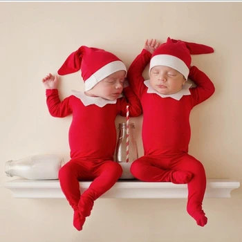 3 יח היילוד צילום אביזרים לתינוק נושא חג המולד אדום רך Bodysuits+זנב ארוך כובע+הרגיש צווארון תינוקות צילום לבוש חליפה