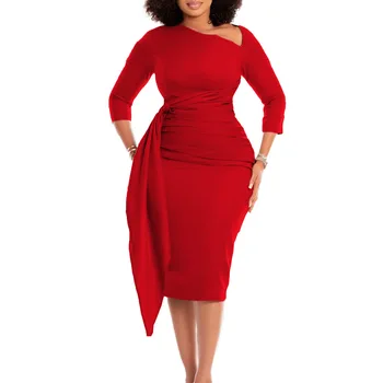 2023 אפריקה שמלות לנשים סתיו לנשים אפריקאיות שלושת רבעי השרוול V-צוואר לבן אדום אפור פוליאסטר אורך הברך שמלת
