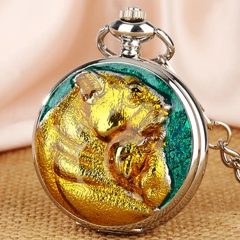 אופנה כסף מכאני שעון כיס 3D חיה זהב נמר תבנית מתפתל מדריך תליון שעון הכיס FOB שעון מתנות יוניסקס