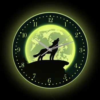 יללות זאב עם ירח מלא מנורת הלילה שעון קיר אדם מערה פראית עיצוב הבית טבע חיה שעון קיר עם תאורת LED אחורית