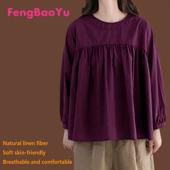 Fengbaoyu פשתן האביב והסתיו של הגברת ארוך שרוולים צוואר עגול חולצת רטרו חופשי העליון מזדמן נוח חולצה משלוח חינם