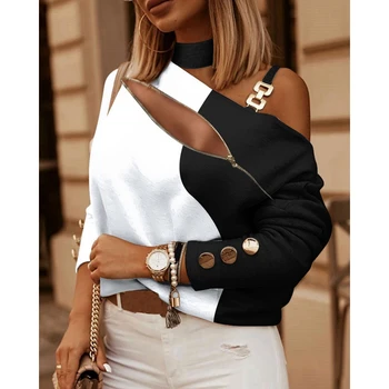 נשים כתף קרה Colorblock להדפיס מול Zip צוואר צב כפתור עיצוב אופנה העליון פאטאל 2023 שרוול ארוך חולצה חולצות טי