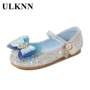 כחול נעלי עור עבור ילדים בנות הנסיכה נעליים פאייטים קשת ילדה תינוק סנדלים רך 2-8Y ילדים סנדלי בנות Shool