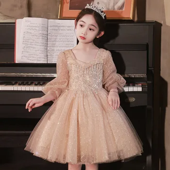 בנות שמלות ערב יוקרה 2023 המפלגה שמלת ילדים מארח פסנתר ביצועים שמלה ארוך שרוולים תחרה רשת שמלת נסיכה