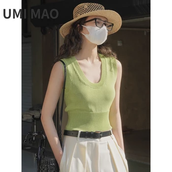 UMI מאו קוריאני אופנה אביב קיץ רטרו גדולה U-צוואר סרוג אפוד קצר העור ידידותי כיסוי קליל גופיה עבור נשים פאטאל