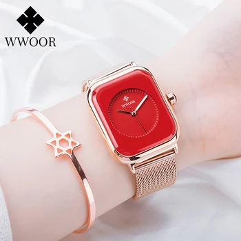 WWOOR ריבוע אדום שעונים לנשים אופנה נשים שעון יוקרה מזדמן עמיד למים קוורץ שעון יד נשי שעון Relogio Masculino