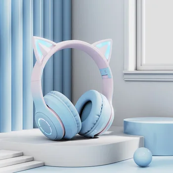ורוד כחול חתול האוזן הדיבורית האישית גיימר ילדה קיטי אוזניות לילדים אלחוטית, אוזניות Bluetooth עם מיקרופון הבזק אור סטריאו מוסיקה