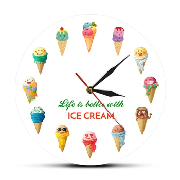 החיים טובים יותר עם גלידה שעון קיר לעיצוב הבית עבור חנות חדר ילדים מגניב קיץ סגנון שונה טעם השקט אמנות קיר שעון