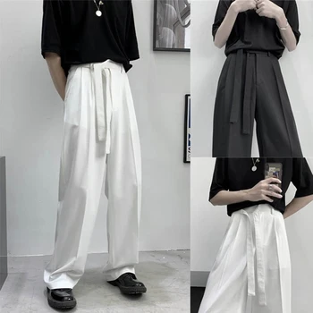Harajuku האופנה גברים של מכנסיים מזדמנים רחב הרגל Oversize מכנסיים עם חגורה קוריאני בסגנון אופנת רחוב מכנסיים לגברים Soild צבע לבן