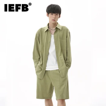 IEFB גברים מוצק צבע רופף סטים קוריאה סגנון אופנה שרוול קצר חולצות קיץ דק חליפה גברית מזדמנים מכנסיים קצרים שני חלקים 9C381