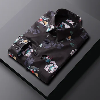 המקורי של גברים חולצות מקרית 2023 חדש Harajuku שרוול ארוך להדפיס חולצה אופנה Turn-למטה צווארון סלים וינטאג', בגדים, חולצות