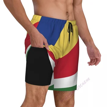 איי סיישל דגל 3D Mens מכנסיים קצרים עם דחיסה שקית 2 ב-1 מהיר יבש בקיץ לשחות מכנסיים קצרים עם כיסים