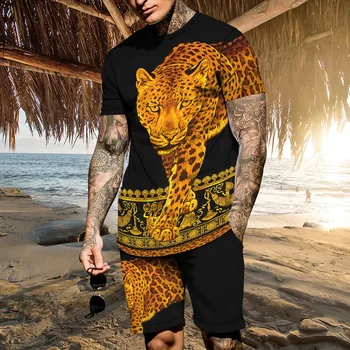 קיץ גברים מזדמנים החוף הוואי חיה נמר אופנתי הדפסת 3D שני חלקים אימונית תלבושת ריצה ספורטוויר אופנת רחוב בגדים