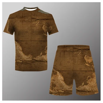 ימי הביניים המפה דפוס הדפסת 3D גברים צוואר עגול חולצת הטריקו סט קיץ החולצה מזדמנים מכנסיים קצרים 2 חתיכת קבוצה החוף ספורט בגדים לגבר