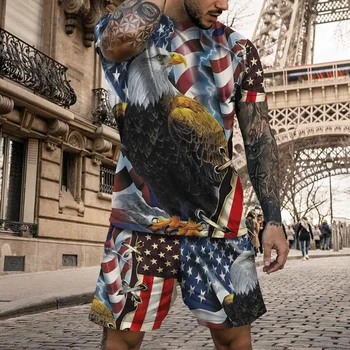 הקיץ זכר חולצה + מכנסיים קצרים 2-חתיכה להגדיר את הדגל האמריקני הדפסה של גברים אימונית מזדמנים, בגדים לגבר שוחרר לחופשי אופנת רחוב תלבושת