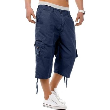 גברים בלבוש קליל 3 4 מכנסיים קצרים לחצן אלסטי המותניים Capri באורך הברך עם מכנסיים מרובי כיסים ארוך מכנסי עבודה חיצונית