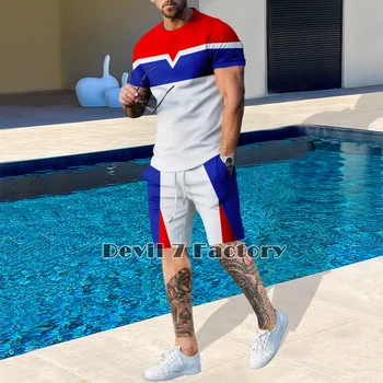 אנשים חדשים של חולצות סטים קיץ מכנסי טרנינג טלאים עיצוב בגדי גברים מנופחים שרוול קצר Tees החוף ספורט תלבושות