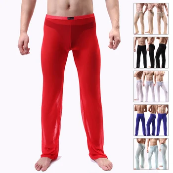 גברים סקסי שקוף מכנסיים לראות דרך המכנסיים זכר רופף רשת העצום גזה תחתיות הלבשת לילה, תחתונים