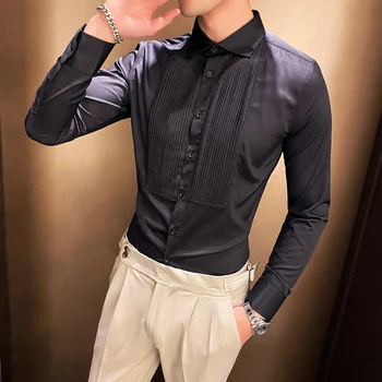 2022 בסגנון בריטי חולצות גברים שרוול ארוך מקרית Slim חולצת וינטג ' אופנת רחוב חברתית מסיבה Camisa Masculina בגדי גברים