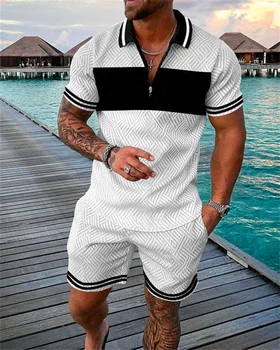 גברים פולו החליפה אופנה גברים קיץ אימונית מנופחים V-צוואר רוכסן קצר שרוול חולצת פולו+מכנסיים קצרים מזדמנים שתי חתיכות סטים