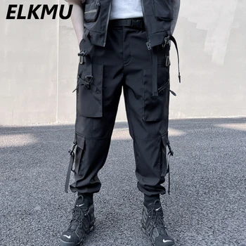 גברים אופנת רחוב מטען מכנסיים אופנה Techwear Y2K רצים טרנינג כפתור כיסים טקטי Trouses חופשי מזדמן איש המכנסיים