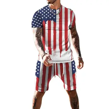 2023 קיץ גברים הדגל האמריקאי חולצות החליפה 3D מודפס אופנה מכנסיים קצרים בציר תלבושת מזדמנת ספורט יבש מהיר נוח להגדיר