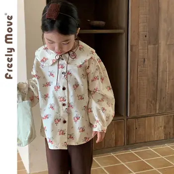 באופן חופשי לנוע ילדים קוריאני פרחים חולצה בגדי תינוקות בנות חולצות שרוול ארוכות 2023 אביב סתיו חדש ילדים מזדמנים חופשי החולצה