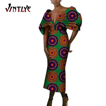 אלגנטי אפריקה להדפיס שמלות נשים אופנה מסורתית אנקרה הדפסה מקסי שמלה ארוכה סקסית V-אפריקה דאשיקי בגדים WY9695