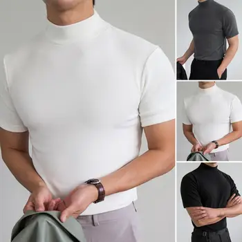 גברים הבסיס העליון רך לנשימה חצי צווארון גבוה מוצק צבע שרוולים קצרים בסיסי טי-שירט גברים מקרית בגדים 2023 פנאי Camisetas