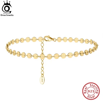 ORSA תכשיטי כסף סטרלינג 925 סיבוב הצלחת שרשרת Anklets לנשים אופנה 14K זהב צמיד רגל קרסול רצועות תכשיטים SA25