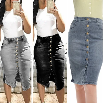 נשים אופנה גבוהה המותניים ג 'ינס במצוקה ג' ינס Bodycon ארוך חצאית כפתורים כיסים לפצל את התחבושת חצאית ג ' ינס