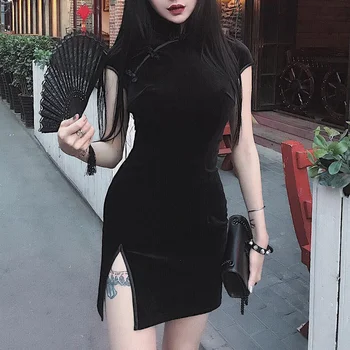 זמש נשים Cheongsam שמלת נשים האביב רזה סקסית חצאית שחורה
