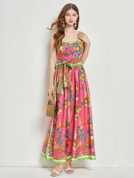 אופנה המסלול מעצב שמלת הקיץ של נשים ספגטי רצועת לימון פרח הדפסה חגורת וינטג חופשה Midi שמלה