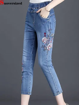 מזדמן גבוהה המותניים רקמה עגל באורך הרמון ג 'ינס גודל גדול 6xl Strecth רזה מכנסי ג 'ינס וינטג' האישה החדשה בקיץ פעם בוקר שלקח לו