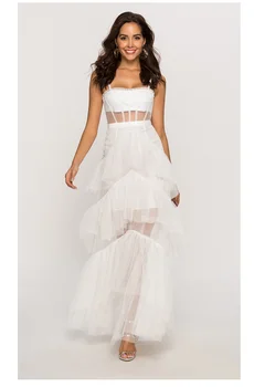 אירועים שמלת לנשים מסיבת חתונה שמלות ספגטי רצועת חצאית אופנה תחרה רשת ללא שרוולים של נשים שמלת הנשף Vestidos