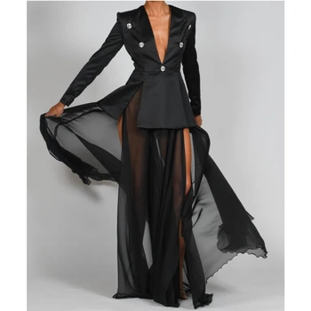 נשים בלייזר חצאית סט סקסי V-צוואר גבוה המותניים הפלו-אורך שמלה ארוכה יהלום סט שחור בנות החליפה המעיל + רשת חצאיות ארוכות להגדיר