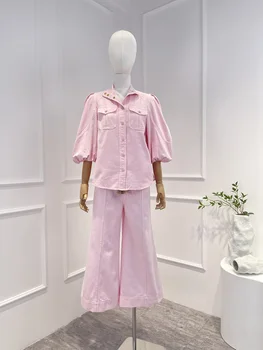 2023 אביב קיץ מוצק ורוד אישה איכותי מזדמן אור ג ' ינס, חולצה מכנסיים עם חגורה להגדיר נשים