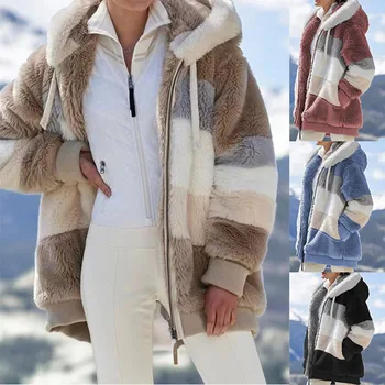 החורף של הנשים מעיל קטיפה טלאים רוכסן כיס עם ברדס מעיל פרווה אישה המעיל בתוספת גודל עבה חם נשים העליון החורף הלבשה עליונה