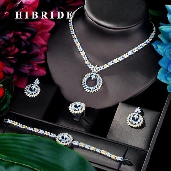 HIBRIDE יוקרה זירקון חתונת כלה תכשיטי סטים מעולה קריסטל שרשרת/ עגילים/ טבעת/ צמיד סט מלא עבור נשים N-119