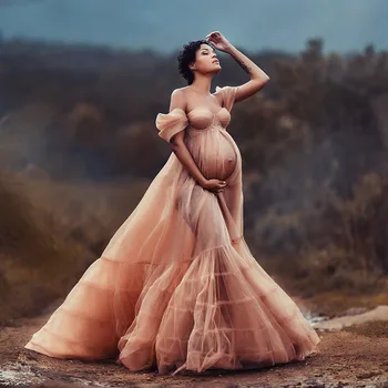 פוטושוט שופעת סקסית שמלות הריון מתוקה Babyshower אישית צילום הריון שמלת טול רך מחוץ הכתף