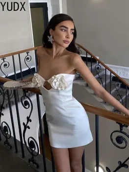 סקסית סטרפלס רוז פרח נשים שמלה לבנה חלולה החוצה קיץ שמלות מיני נשי 2023 אלגנטי מסיבת מועדון Bodycon Vestidos