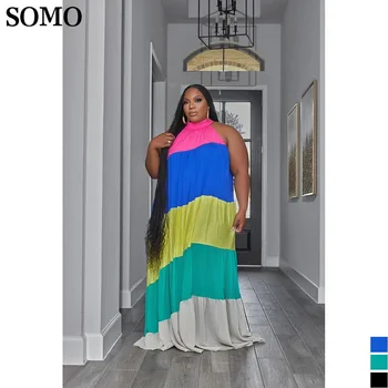SOMO אופנה הקיץ ניגודיות צבע בתוספת גודל שמלות המפלגה Clubwear שרוולים מקסי קפלים שמלה ארוכה Dropshipping הסיטונאי