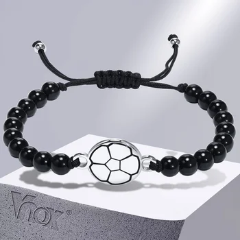 Vnox כדורגל צמידי קסם על גברים, שחור Onxy חרוזים צמידים, כדורגל, כדורסל, כדורעף, ספורט צמיד, תכשיטים מזדמנים