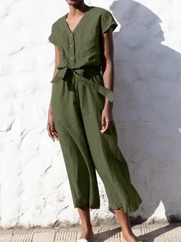 2023 קיץ חדש V-צוואר סרבל נשים מוצק גבוהה המותניים מקרית על כפתור לקשור סלים מכנסיים קצוצים אופנה קצר שרוול סרבל